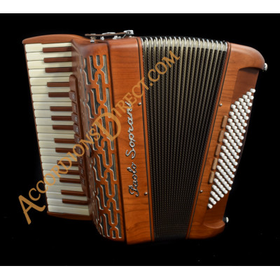 Paolo Soprani Folk 37 key 96 bass 4 voice musette tuned piano accordion in cherry wood.  Sound expansion options.